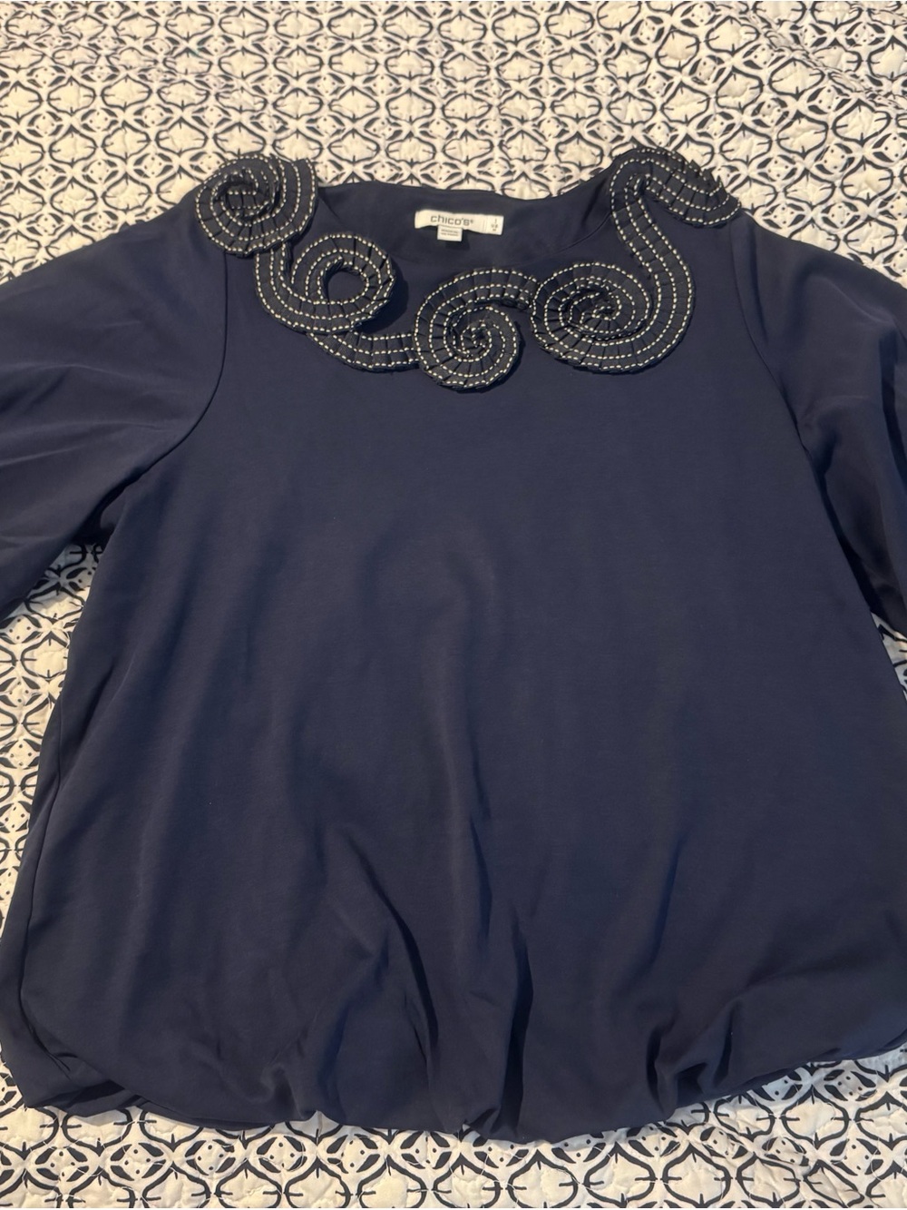 Chico's Navy Beaded Swirl Neck Long Sleeve Top